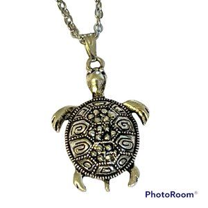 Silver Sea Turtle Necklace Marcasite Crystal Stainless Steel 20" Chain Plated